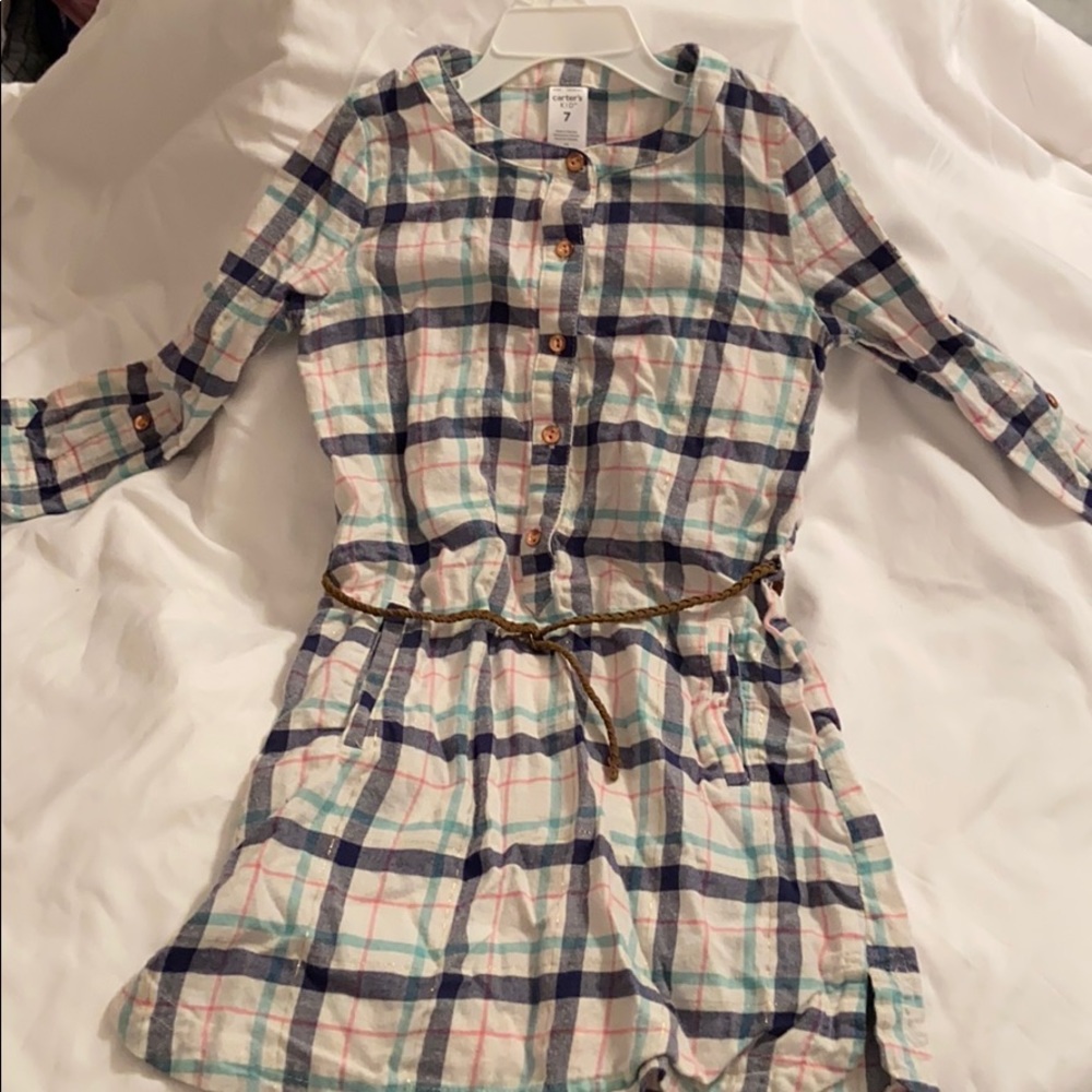 Set Carter’s flannel dress & blue ribbed leggings